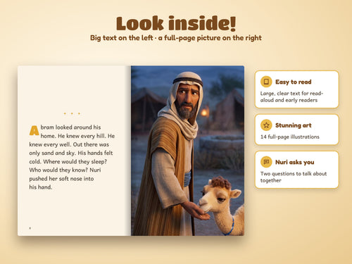 Look inside Abraham and the Stars – big easy-to-read text on the left, full-page illustration on the right
