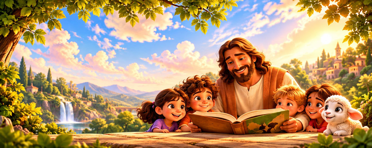 Jesus reading a storybook with smiling children and a little lamb